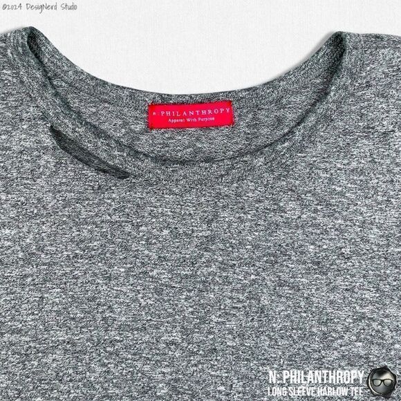 N:PHILANTHROPY LONG SLEEVE HARLOW BFF TEE SHIRT HEATHER GRAY CUT OUT NECK BAND - Picture 8 of 15